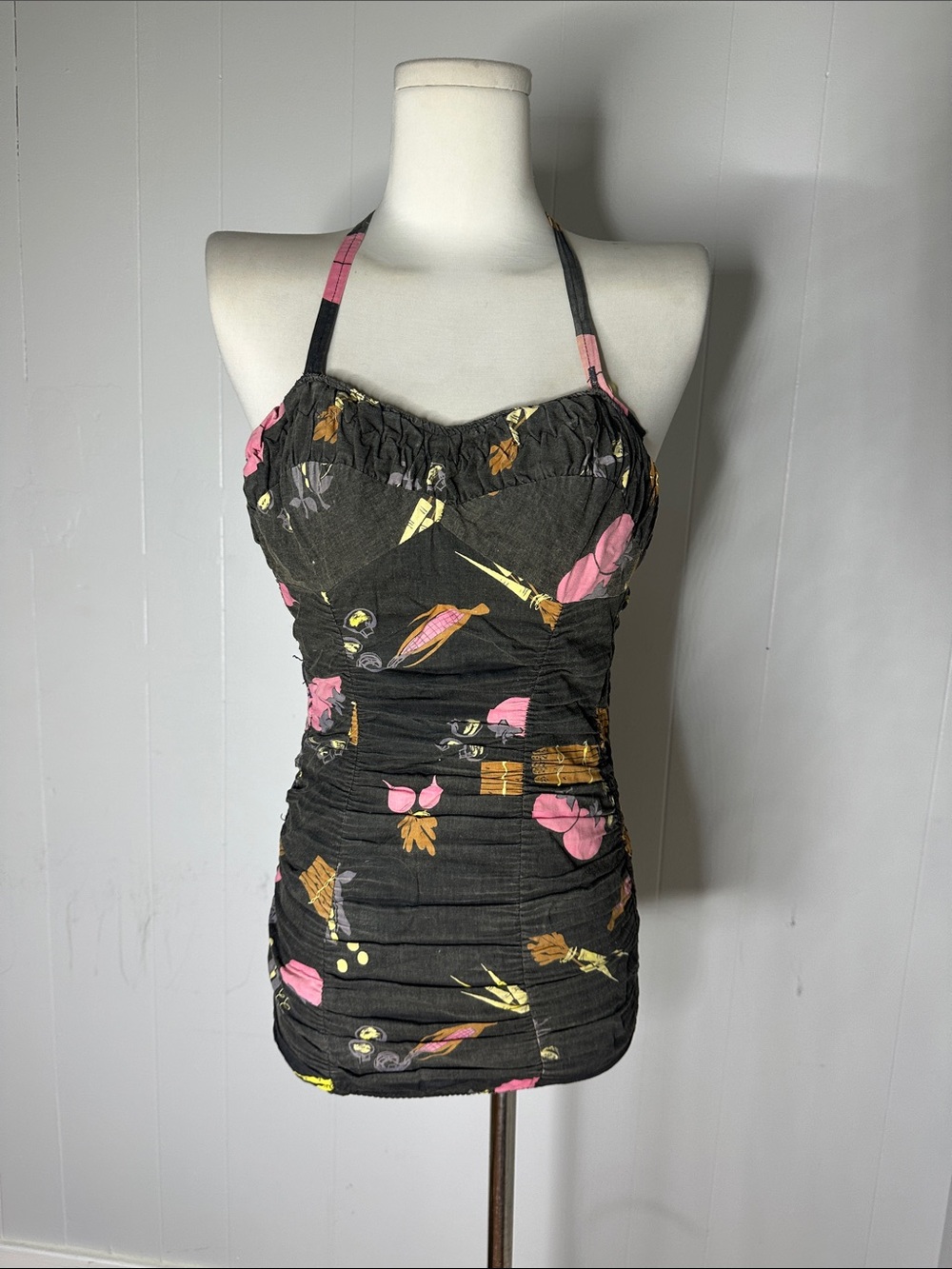 Vintage 50s Pin Up Smocked Back Vegetable Print Swimsuit